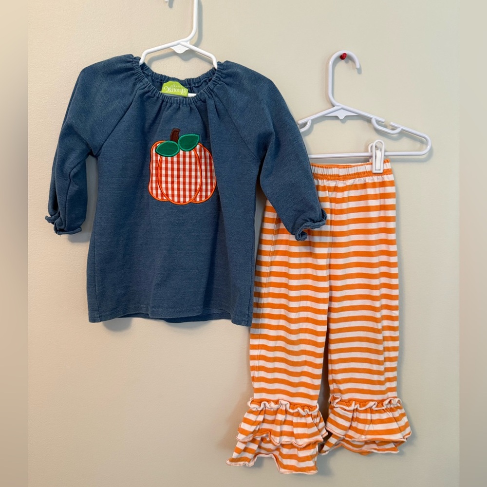 Classic Whimsy Pumpkin Blue Top and Orange Striped Pants Set